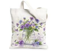 Borsa tote in tela viola da donna, primaverile con fiori e foglie, viola primaverile, lavabile, riutilizzabile, idea per familiari, amici, colleghi, lettura di amori, 33 x 38 cm