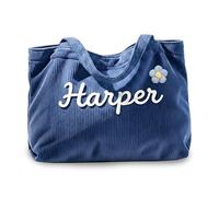 Borsa Tote in Velluto a Coste Personalizzata da Donna Borsa a Tracolla Grande con Nome Personalizzato e Cerniera Fiore All'uncinetto 3D, Regali Personalizzati per la Festa Della Mamma e i Compleanni