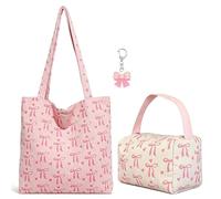 Borsa Tote in Velluto a Coste Rosa con Stampa Cuori e Fiocchi - Set 2 Pezzi con Pochette Coordinata e Portachiavi - Borsa a Spalla Leggera Formato A4 per Lavoro Università - Borsa Donna per Uso Quotid