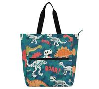 Borsa tote mimetica con teschio di dinosauro bianco arancione per bambini, donne e uomini, gotica grande borsa della spesa con cerniera per scuola, shopping, spiaggia, materiale scolastico arcobaleno
