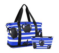 Borsa tote nera a righe blu reale personalizzata borsa da viaggio borsa da weekend con borsa da toilette per allenamento multifunzionale, Nero Personalizzato Royal Blue a righe, 1 size