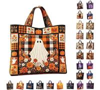 Borsa tote patchwork fantasma di Halloween con stampa floreale zucca | Design in poliestere con due maniglie per il trasporto, un corpo morbido e le opere d'arte stagionali raffigurate definiscono