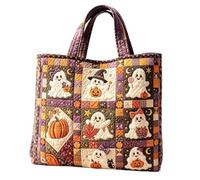 Borsa tote patchwork fantasma di Halloween con stampa floreale zucca | Design in poliestere con due maniglie per il trasporto, un corpo morbido e le opere d'arte stagionali raffigurate definiscono