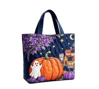 Borsa tote patchwork fantasma di Halloween con stampa floreale zucca | Design in poliestere con due maniglie per il trasporto, un corpo morbido e le opere d'arte stagionali raffigurate definiscono