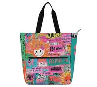 Borsa tote per bambini con parole colorate e disegni artistici, per bambini, studenti, adulti, gotico, grande, riutilizzabile, con tasche con cerniera, per scuola e tempo di gioco, materiale