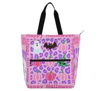 Borsa tote per bambini con stampa leopardata lavanda, zucca, Halloween, per ragazzi, ragazze, adulti, leggera, riutilizzabile, con tasche con cerniera, per università, shopping, spiaggia, arcobaleno