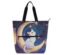 Borsa tote per bambini, motivo: gatto bianco sulla luna, per ragazzi, ragazze, adulti, grande, riutilizzabile, con cerniera, per scuola, shopping, viaggi