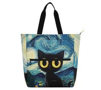 Borsa tote per bambini, motivo gatto nero stellato, per ragazzi, ragazze, adulti, leggera, con manici con cerniera, per scuola, shopping, drogheria