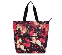 Borsa tote per libri di San Valentino con unicorni e cuore, per ragazzi, ragazze, adulti, robusta borsa a tracolla con cerniera per scuola, shopping, viaggi
