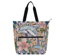 Borsa tote per libri floreali con delfini bohémien, per ragazzi, ragazze, adulti, leggera, riutilizzabile, con tasche con cerniera, per scuola, shopping, viaggi