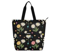 Borsa tote per libri nera con margherita per bambini, studenti, adulti, leggera, per scuola, spiaggia, shopping con cerniera, per università, shopping, spiaggia