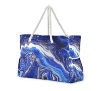 Borsa tote portatile da esterno con texture marmorizzata blu e bianca con tasche laterali, borsa da viaggio per la notte, essenziale per viaggi, spiaggia, regali di compleanno per donne