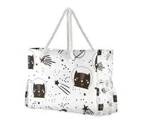 Borsa tote robusta a prova di sabbia con gatto nero in stile cartone animato con tasche laterali grandi borse da viaggio essenziali da viaggio regali da spiaggia regali di compleanno per le donne