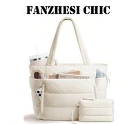 Borsa tote trapuntata alla moda, articolo minimalista curativo, design trapuntato orizzontale imbottito con texture morbida simile a una nuvola, tasche esterne indipendenti multiple, bianco puro morbi