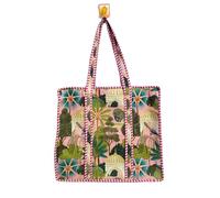 Borsa tote trapuntata da giardino tropicale, finiture a righe rosa, palme e uccelli, stampa 45,7 x 40,6 x 15,7 cm