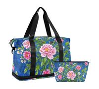 Borsa tote vintage con peonia floreale blu pesca borsa weekender borsa da notte con borsa da toilette per viaggi di lavoro grande capacità, peonia vintage floreale blu pesca, 1 size