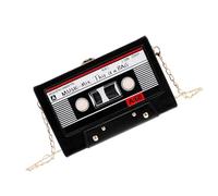 Borsa Tracolla a Forma di Cassetta, 19x12x5cm, nera | PU, Catena in Metallo Staccabile, Zip Superiore, per Viaggio ed Eventi Musicali, Stile Vintage