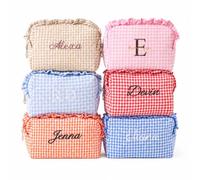 Borsa Trucco A Balze Vichy Ricamata Personalizzata Con Nome | Grazioso Organizer Da Viaggio Piccola Borsa Cosmetica Regalo Per Damigelle D’onore Compleanno E Uso Quotidiano