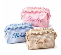 Borsa Trucco Personalizzata Per Donne Pochette Vichy Ricamata | Balze Decorative Borsa Cosmetica Portatile Per Viaggio Feste Damigelle D’onore E Regali