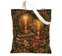 Borsa vintage in tela con candela e libro di fiabe, 33 x 38 cm | Illustrazione vintage, tema libro di fiabe, candela calda luminosa, accenti tradizionali di agrifoglio
