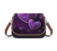 Borse a tracolla da donna in pelle con gatto in stile fumetto arcobaleno, borse da viaggio, borse a tracolla, borsa tote per uso quotidiano, Cuori Viola, Taglia unica, Fiori e Animali