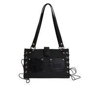Borse a tracolla da donna in tela retrò con tasca a toppa design ascellare borsa grande capacità con manico superiore borse vintage per viaggi, shopping, lavoro, appuntamenti, Nero , Small