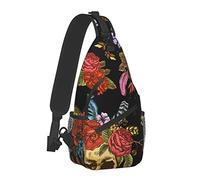 Borse a tracolla sul petto da uomo e da donna Zaini con teschio e fiori per il Giorno dei Morti per viaggi all'aperto, corsa, borse a tracolla casual alla moda