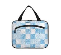 Borse cosmetiche da appendere con motivo a scacchi blu chiaro e bianco per le donne con gancio, borsa per la cura della pelle per i viaggiatori Lavoro estuche para maquillaje L