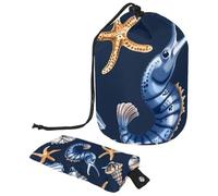 Borse cosmetiche da viaggio Borsa per il trucco, Blu Acqua Sea Horse Conchiglie Stella Marina Conch Granchio Donne Custodie pieghevoli Portatili, Multifunzionale Toilette Secchio Borse Rotondo