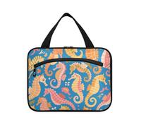 Borse da appendere blu a forma di cavalluccio marino con gancio, borsa per il trucco espandibile di design per auto per gli elementi essenziali da viaggio per le donne che viaggiano maleta para