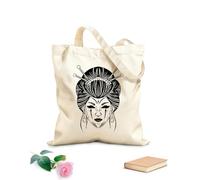 Borse da donna in tela di cotone Tessuto spesso 12 once Ragazza geisha giapponese con maschera da diavolo, tatuaggio sul viso disegnato a mano, stile incisione Materiale delicato sulla pelle 25x30cm