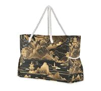 Borse da donna resistenti da paesaggio cinese nero e oro con tasche laterali, borsa per oggetti personali con tasche con cerniera