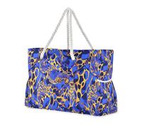 Borse da spiaggia e borse da spiaggia con tasche laterali, motivo leopardato, alla moda, colore: blu e oro, per piscina, palestra, generi alimentari e viaggi