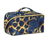 Borse da toilette con stampa leopardata blu e oro con divisori leggere borse per il trucco per le donne verticali autoportanti