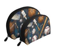 Borse da trucco stampate da baseball, basket, calcio, hockey, 2 pezzi, portatile, da viaggio, borsa da toilette per cosmetici da donna