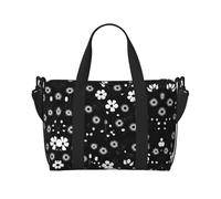 Borse da viaggio con stampa floreale bianca e nera, borsa da viaggio per donne, borsa da palestra sportiva, borsone da allenamento, durante la notte, Nero , Taglia unica