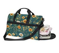 Borse da viaggio da donna con girasole e fiori selvatici color foglia di tè da donna borsone da viaggio con scomparto per scarpe, Girasole Selvaggio Floreale Teal_4, 20.5×13.6×10 inches