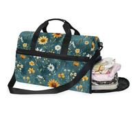 Borse da viaggio da donna con girasole e fiori selvatici color foglia di tè da donna borsone da viaggio con scomparto per scarpe, Girasole Selvaggio Floreale Teal_3, 20.5×13.6×10 inches