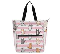 Borse decorative per bambini per ragazzi ragazze donne, rosa strisce bianche gatto fumetto grande biblioteca borsa a tracolla con cerniera per scuola e tempo di gioco arcobaleno bolso para libros