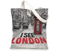 Borse di tela artistiche, borse della spesa lavabili leggere del paesaggio della città dell'annata per la spiaggia di viaggio di shopping, Rosso, 13x15 Inch