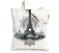 Borse di tela della Torre di Parigi, borse riutilizzabili di design artistico bianco nero borse riutilizzabili, borse a tracolla lavabili leggere per Outdo, bianco, 13x15 Inch