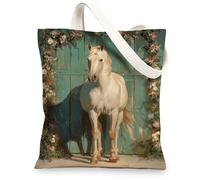 Borse di tela di canapa del cavallo, borse della spesa riutilizzabili di disegno floreale, borse di tela della spalla della tela della cinghia della spalla leggera rustica, bianco, 13x15 Inch