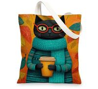 Borse di tela di canapa del gatto, borse della spesa riutilizzabili del modello del gatto sveglio, fantasioso leggero lavabile tracolla borse di tela per, Arancione, 13x15 Inch