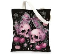 Borse di tela di canapa del teschio, borse della spesa riutilizzabili del modello del cranio gotico, carino Halloween leggero lavabile tracolla Canv, nero, 13x15 Inch