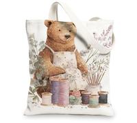 Borse di tela di canapa dell'orso, borse della spesa riutilizzabili del modello floreale animale sveglio, fantasia natura leggera lavabile spalla Str, bianco, 13x15 Inch