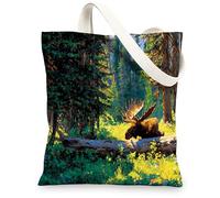 Borse di tela di canapa di alci, borse della spesa lavabili leggere della scena della natura, borsa della spesa ecologica riutilizzabile di stile rustico della foresta per, Multicolore, 13x15 Inch