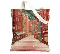 Borse di tela di canapa di paesaggio urbano invernale, borse della spesa riutilizzabili del modello di vacanza dell'annata, tela leggera lavabile retrò per Ou, Rosso, 13x15 Inch