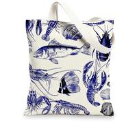 Borse di tela di canapa di vita marina, borse della spesa riutilizzabili del modello di frutti di mare, borse della spesa leggere costiere dell'annata, borse lavabili per all'aperto, Navy, 13x15 Inch