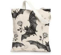 Borse di tela di totalizzatore di pipistrello e rosa, borse della spesa riutilizzabili del modello gotico, borse di tela della tracolla lavabili leggere per G, Beige, 13x15 Inch