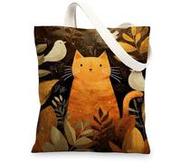 Borse di tela fantasiose, borse della spesa riutilizzabili con motivo gatto e uccello, borse della spesa leggere e lavabili, Arancione, 13x15 Inch